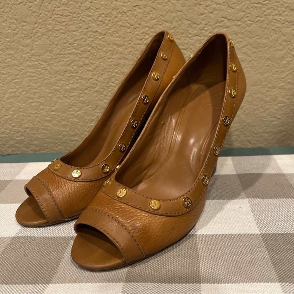 Tory Burch Tan Peep-Toe Heels with Gold Studs